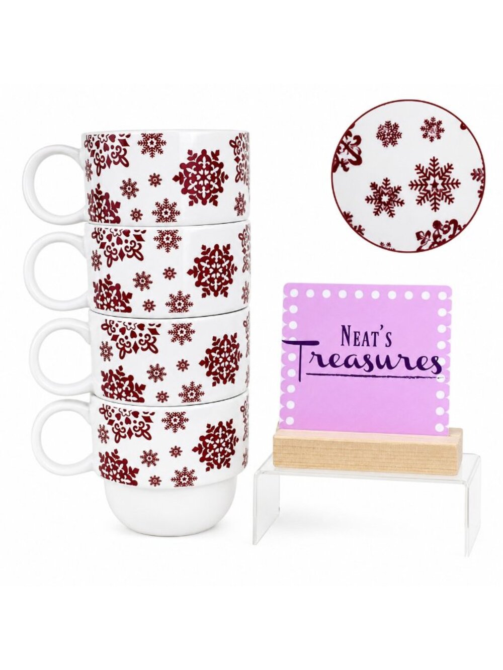 Noble Excellence CRIMSON Red Snowflakes Porcelain Stackable Cups Mugs Set Four